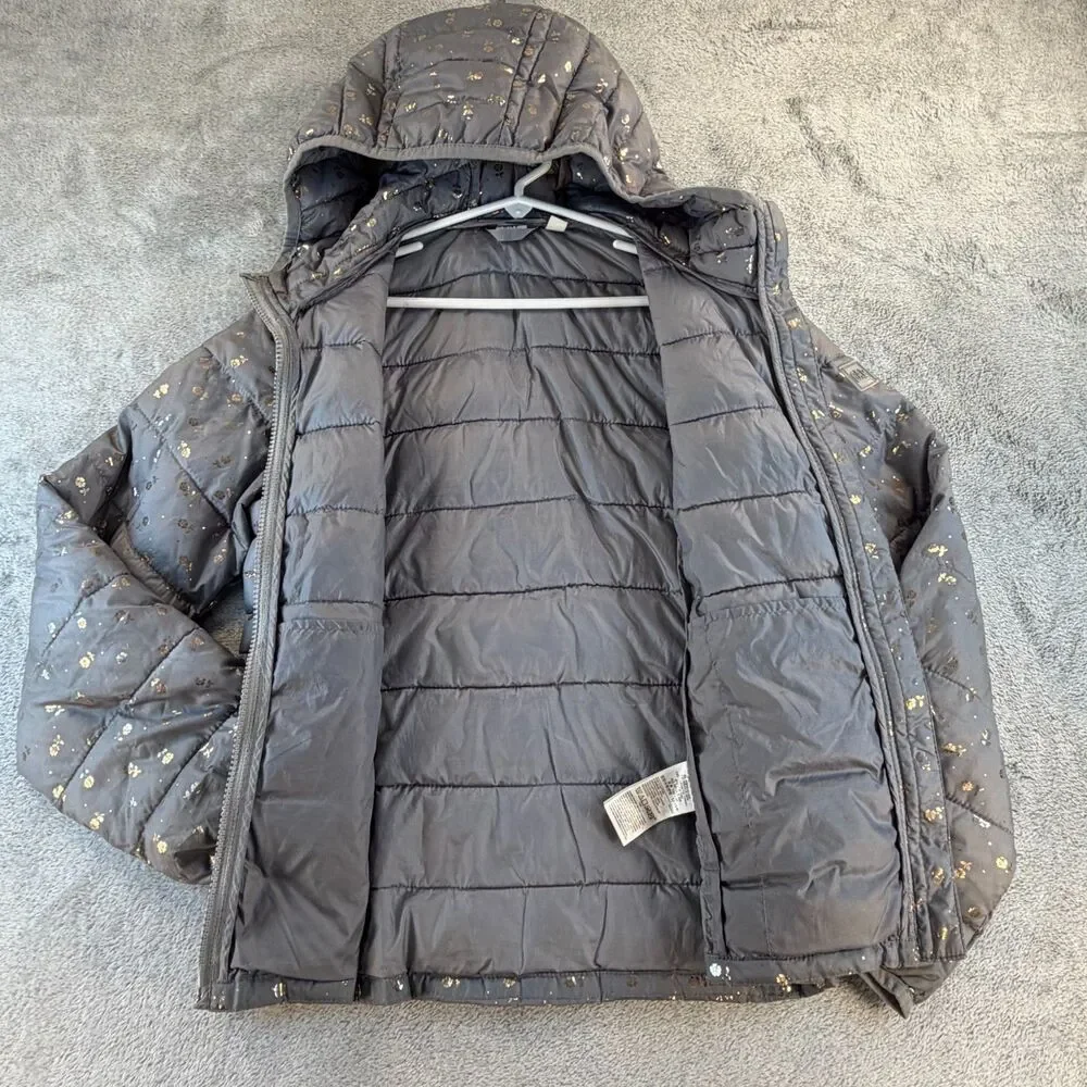 GAP Kids Girls Puffer Jacket Hooded Gray Gold Floral Quilted XL 12 13